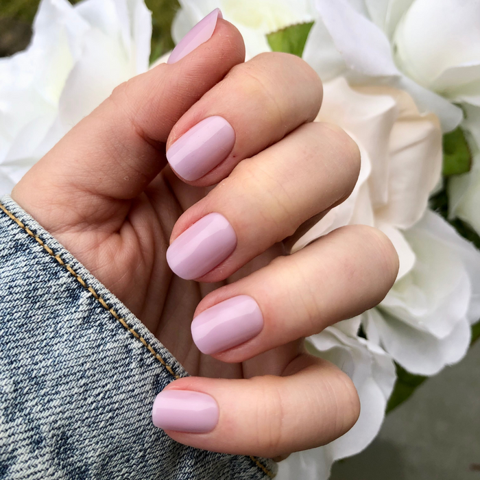 Lavender Stems - Press-On | Extra Short | Squoval showing hand with milky sheer lavender extra short squoval press-on nails