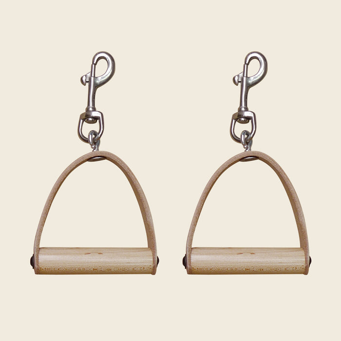 Pair of Gratz Pilates leather and wood handles with silver swivel snap clips.