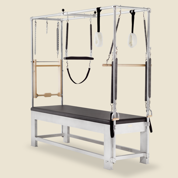 Aluminum Gratz Cadillac apparatus fitted with leg springs, trapeze straps, and fuzzy handles.