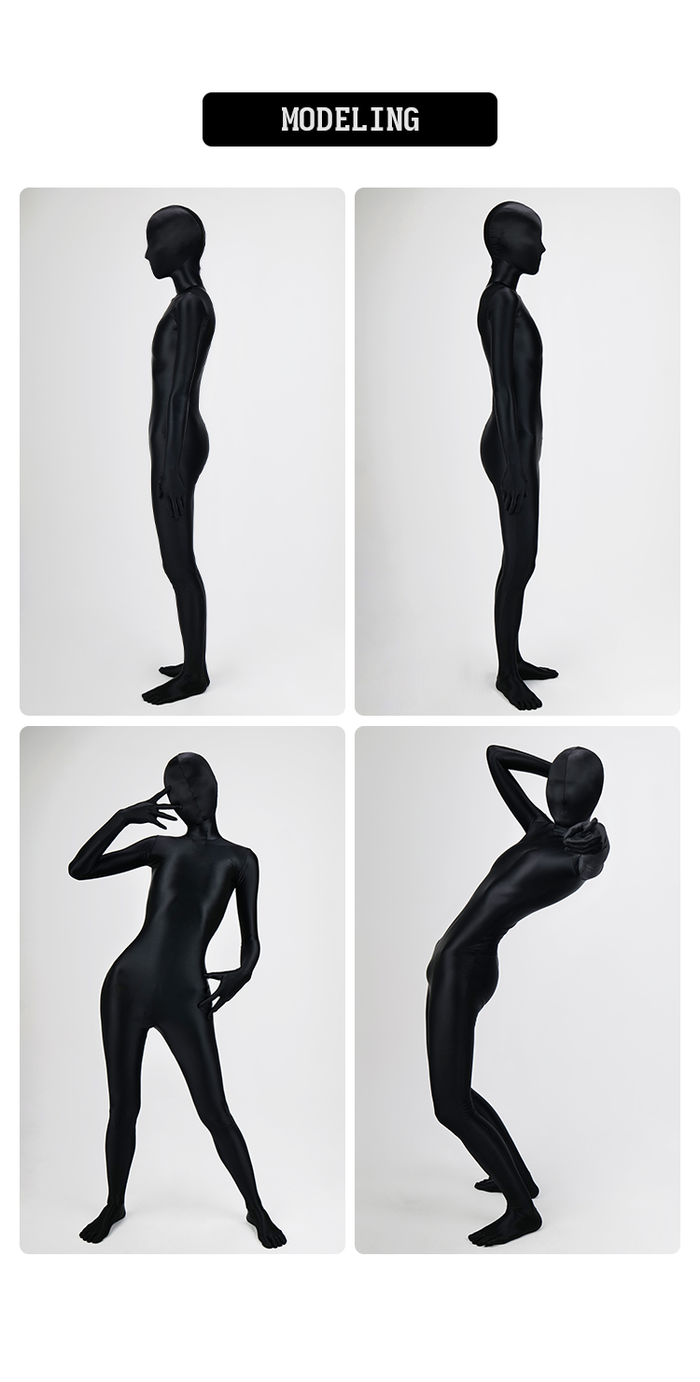 Dark glossy InTheMask MOLIS zentai catsuit with high-shine finish, full-body coverage, and sleek, form-fitting design.