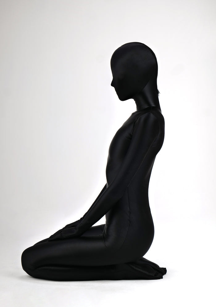 Dark glossy high-shine full catsuit zentai by Molis Zentai, featuring a sleek, form-fitting design in a smooth, reflective material.