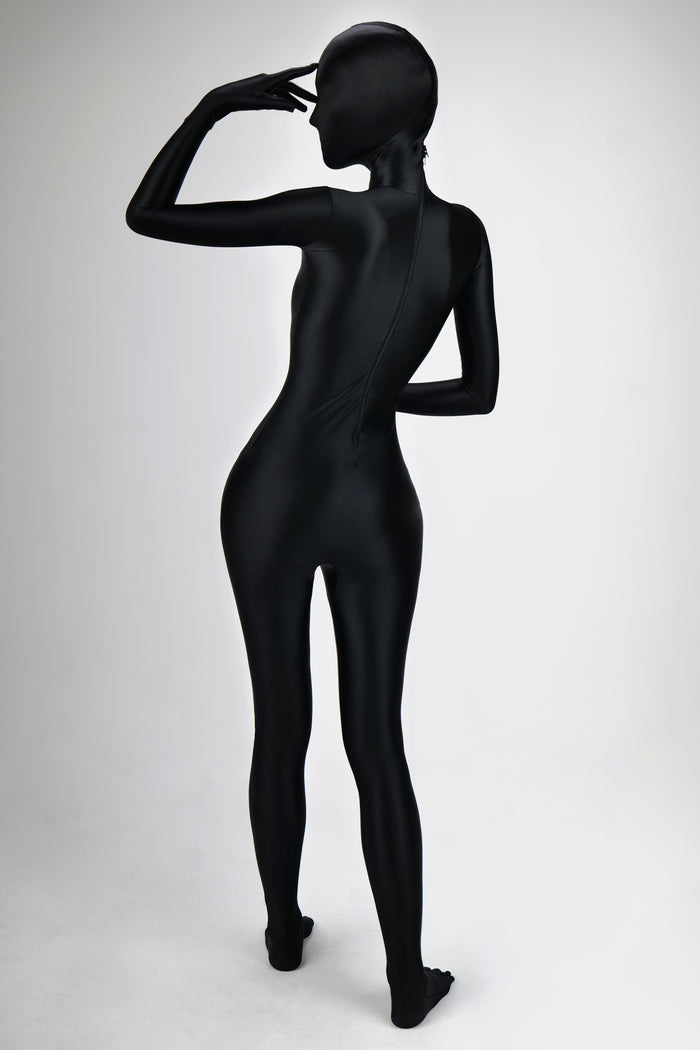 Dark glossy full catsuit zentai by InTheMask MOLIS, featuring a high-shine finish and sleek, form-fitting design.