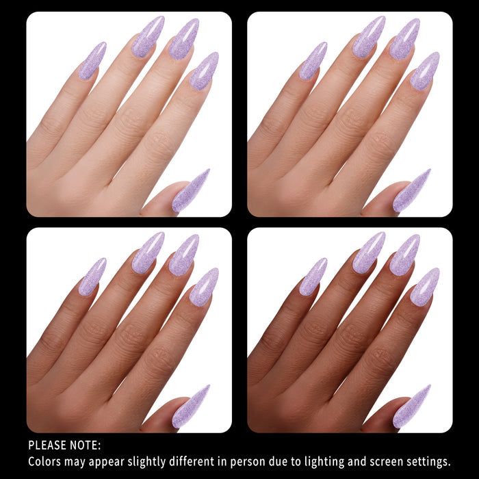 Collage of hands with purple glitter nail polish on a white background