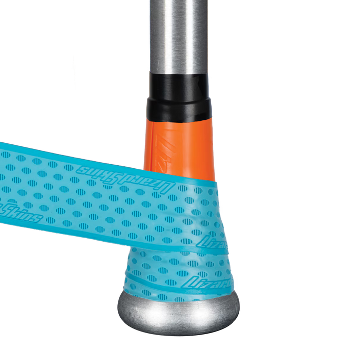 A close-up of a Lizard Skins D3O Bat Taper - Flared (BATD-100) on a baseball bat handle wrapped with blue grip tape featuring a dotted pattern and branded text, plus a black and orange section near the knob for improved control.
