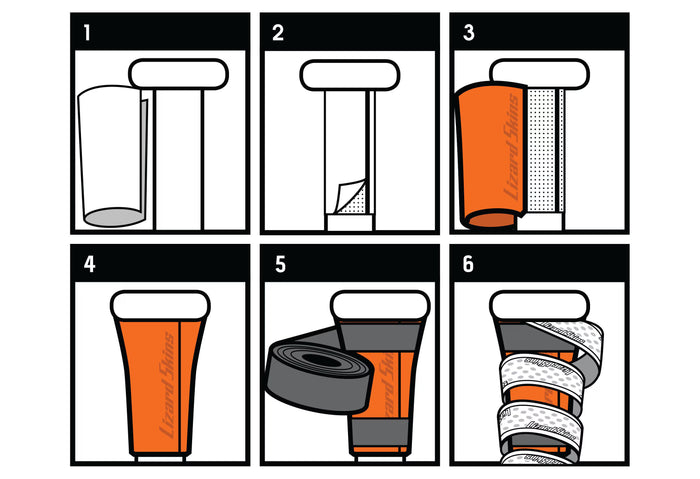 Six-step guide to applying the Lizard Skins D3O Bat Taper - Flared: slide on BATD-100, unroll it, position over bat handle, pull to fit, secure with grip tape, and finish by checking for snugness before play.