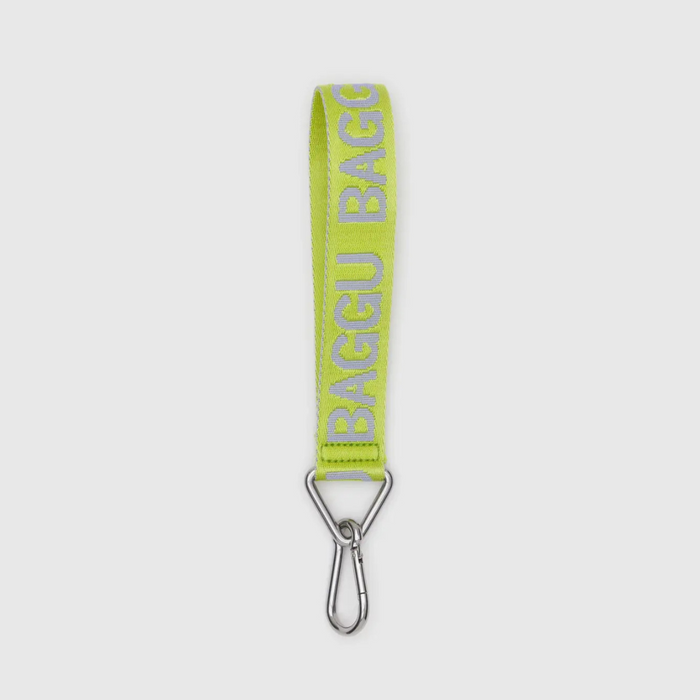 Lime green BAGGU logo keychain with silver metal clasp and loop