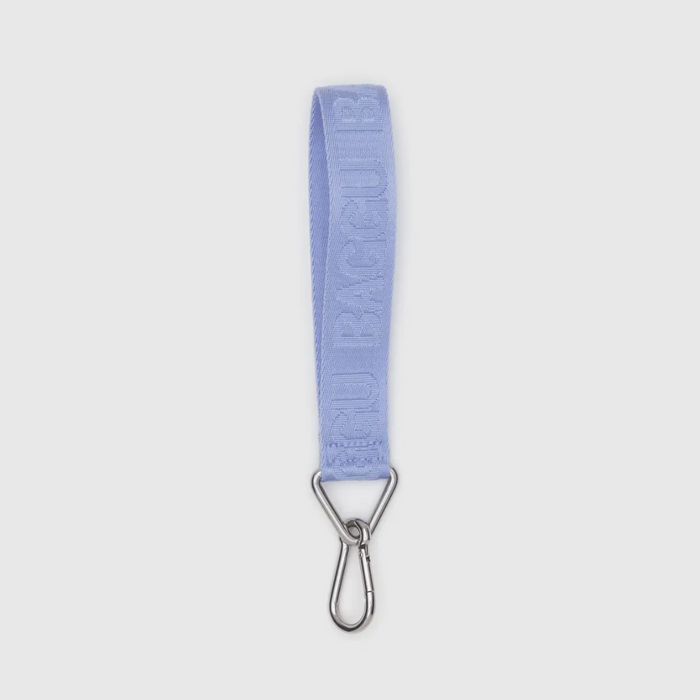Lavender BAGGU logo keychain with silver metal clasp and loop
