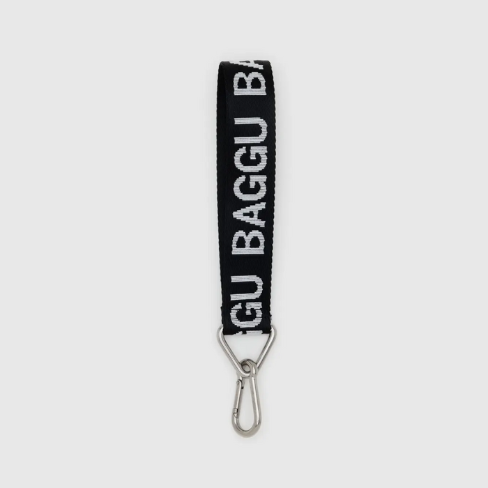 Black BAGGU logo keychain with white lettering and silver metal clasp