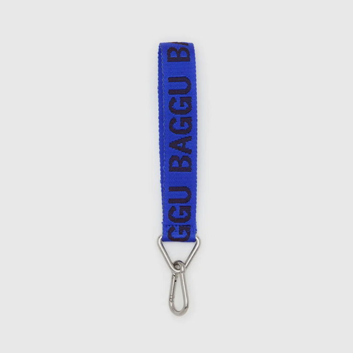 Royal blue BAGGU logo keychain with silver metal clasp and loop