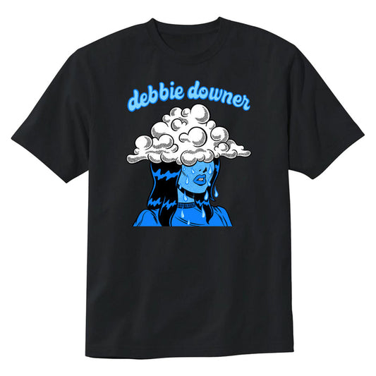 This black L0L0 T-shirt features a cartoon of a sad blue woman under a storm cloud, with debbie downer in blue lowercase script above.
