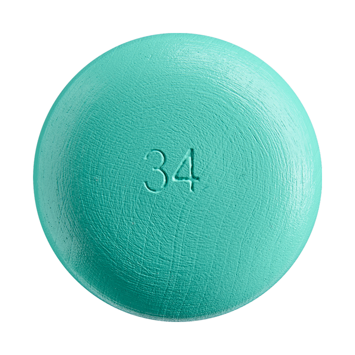 A round, mint-colored item with the number 34 imprinted on one side is shown on a white background, reminiscent of the classic numbering often seen on the Louisville Slugger Genuine MIX Mint Wood Baseball Bat: WBL4191010, known for its balanced swing weight.