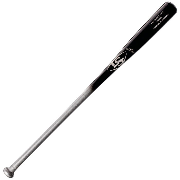 A black and silver Louisville Slugger Maple S345 Fungo 35″ Wood Training Bat (WBL270801035), designed as the ideal coach training bat, is lying on a white background.