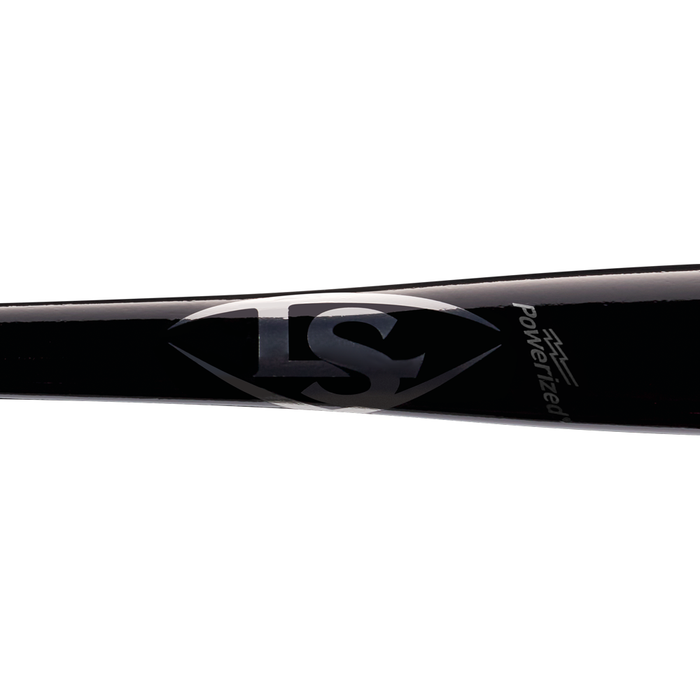 Close-up of a black Louisville Slugger Maple S345 Fungo 35″ Wood Training Bat (WBL270801035), featuring a large silver LS logo and the word Powerized printed on it, designed as an ideal training bat for coaches during practice sessions.