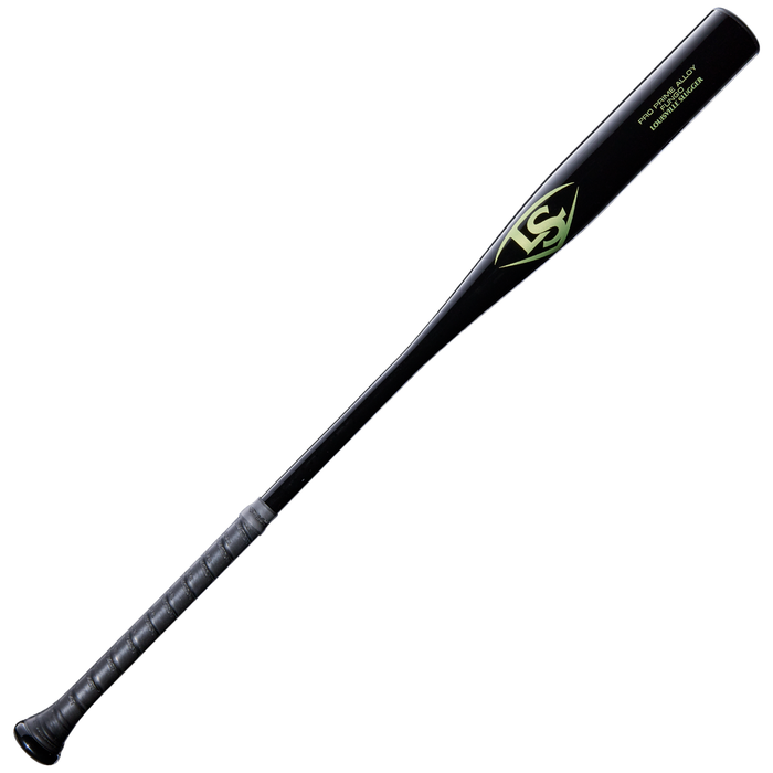 Crafted for durability and performance, the Louisville Slugger Pro Prime Alloy Fungo (-13) 35″ Black Training Bat (WBL42010102235) features a black metal design with a textured grip handle, accented by a green and white Louisville Slugger logo and small yellow text near the barrel, making it an ideal training bat.