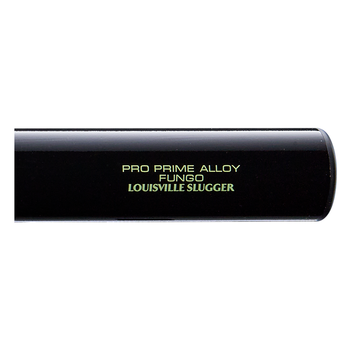 Close-up of the Louisville Slugger Pro Prime Alloy Fungo (-13) 35″ Black Training Bat (model WBL42010102235), featuring gold “Louisville Slugger” branding on the side—a reliable training bat ideal for both coaches and players.