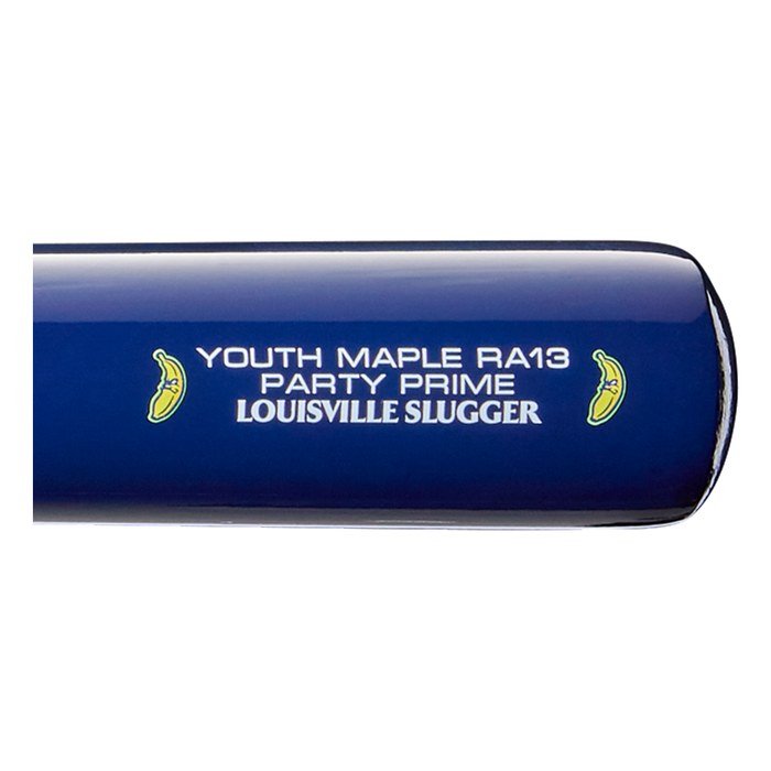 Close-up of the Louisville Slugger Youth Prime Savannah Bananas RA13 Maple Wood Baseball Bat (WBL4160010), featuring a blue finish with small banana graphics and white text, inspired by Ronald Acuña Jr. and evoking the style of a Savannah Bananas bat.