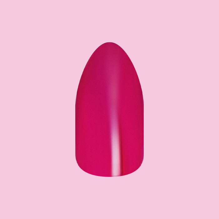 Magenta Chrome - Press-On | Medium | Almond showing single deep magenta shiny chrome false nail with almond shape on pink background