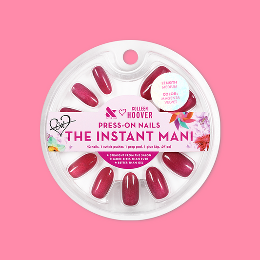 Magenta Velvet - Press-On | Medium | Oval showing medium oval magenta velvet press-on nails in clear circular packaging