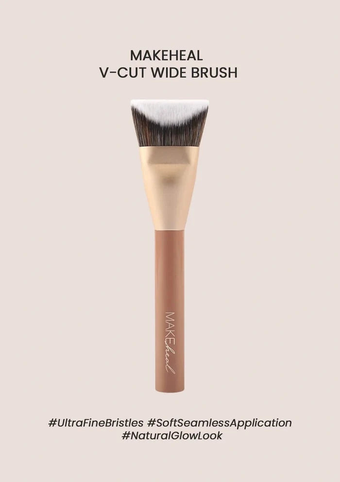 MAKEHEAL V-Cut Wide Brush with branding and product features on a beige background