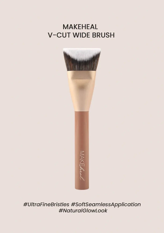 MAKEHEAL V-Cut Wide Brush with branding and product features on a beige background