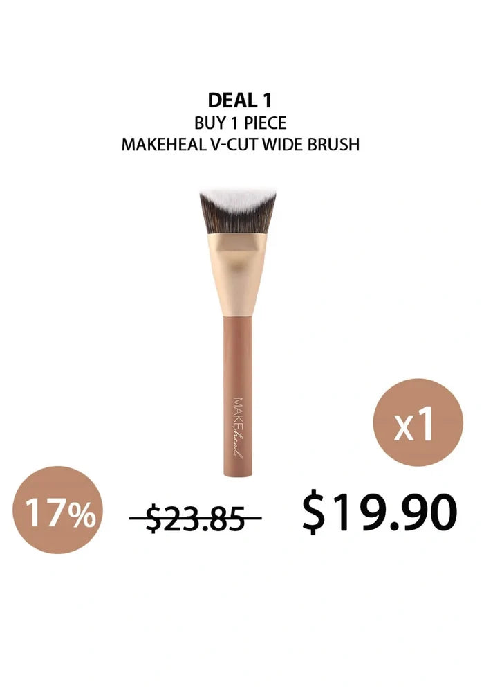 Makeup brush with promotional text and price on a white background
