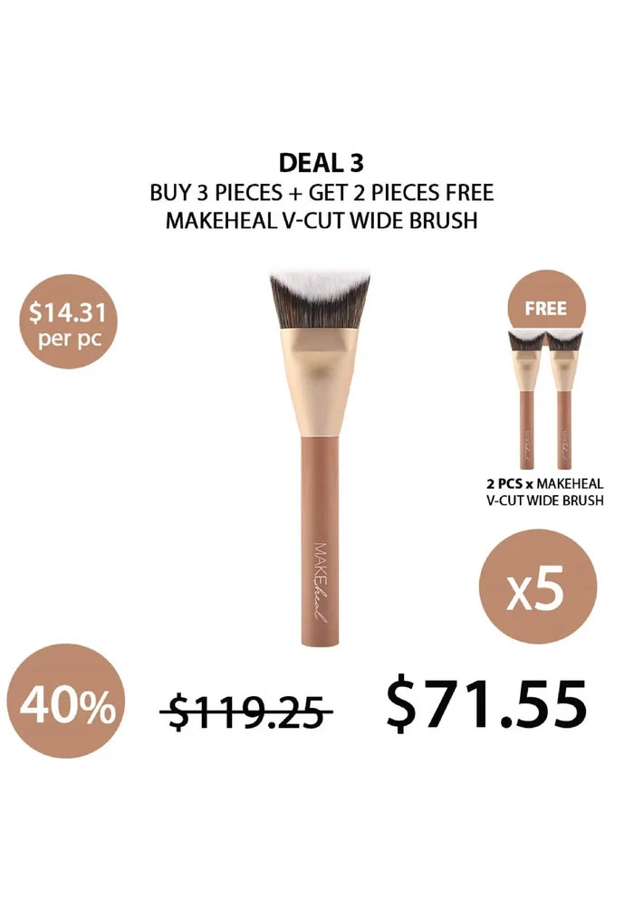 Makeup brush with promotional text and pricing on a white background