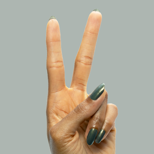 Hand showing peace sign with long nails painted in Martini Chrome gel polish with deep olive and golden shimmer