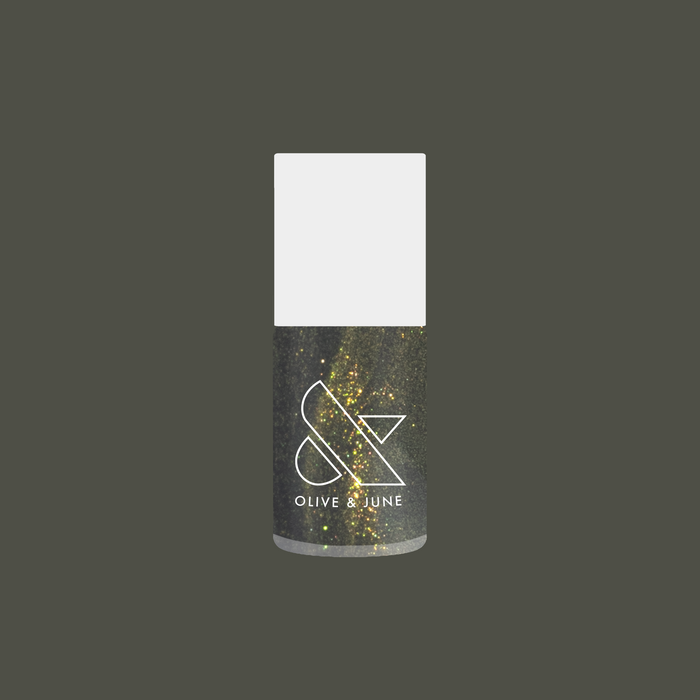 Olive and June Martini Chrome nail polish bottle showing deep olive green shade with golden shimmer finish