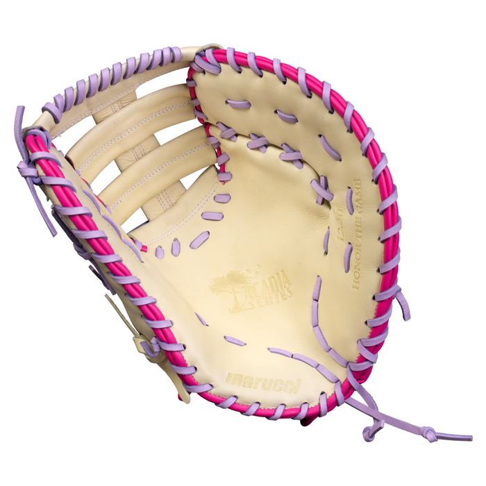 The Marucci Acadia 37S1 12.5″ Fastpitch First Base Mitt (MFG4ACFP37S1-CM/LP) is a tan glove designed for baseball or softball, featuring pink and purple laces and highlighting the inside pocket and webbing. Crafted from full-grain cowhide leather, this mitt is part of the Acadia Series by Marucci and includes an adjustable wrist closure for a secure fit. The glove is photographed against a white background.