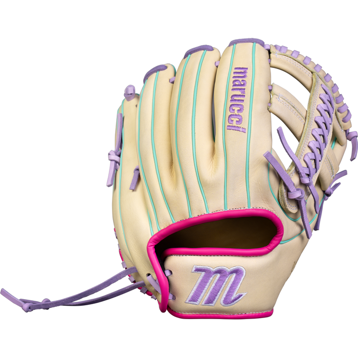 Introducing the Marucci Acadia 44A5 11.75″ Fastpitch Glove (MFG4ACFP44A5-CM/LP), an infield glove made from premium full-grain cowhide leather in a cream color, highlighted by light purple laces, teal stitching, and pink accents. The Marucci brand name and logo appear in striking purple for standout style on the field.
