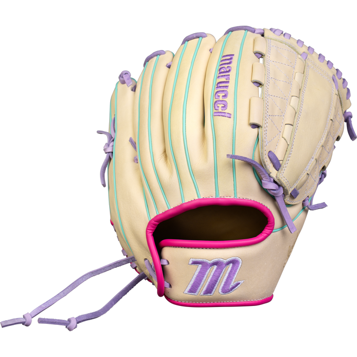 Introducing the Marucci Acadia 45K9 12″ Fastpitch Glove (MFG4ACFP45K9-CM/LP) by Marucci—a cream-colored glove expertly crafted from premium full-grain cowhide leather. This stylish and durable pitcher’s glove showcases teal and purple accents, pink trim around the wrist opening, and features the letter M with Marucci branding in purple and pink. Soft lavender laces complete the eye-catching design, making it an ideal choice for fastpitch players seeking both performance and flair.