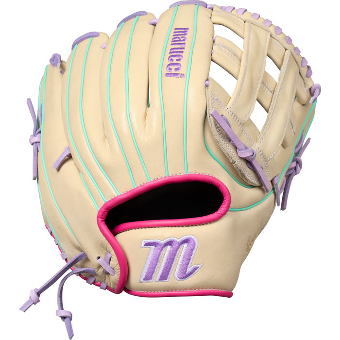 Here is your revised sentence using the provided product data: The Marucci Acadia 47A3 12.5″ Fastpitch Glove (MFG4ACFP47A3-CM/LP) features a tan full-grain cowhide leather construction with purple laces, mint green accents, and pink trim. Showcasing the Marucci brand name and a stylized M embroidered in purple and pink, this 12.5-inch glove is designed for fastpitch players seeking premium quality and style.
