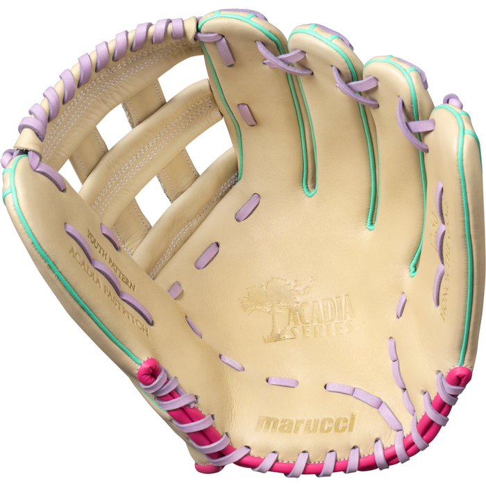 The Marucci Acadia 47A3 12.5″ Fastpitch Glove (MFG4ACFP47A3-CM/LP) is a tan glove crafted from full-grain cowhide leather, accented with mint green, pink, and purple laces. The palm showcases the embossed ACADIA SERIES and Marucci logos as well as a tree emblem, while the thumb features “YOUTH SERIES ACADIA PATENT,” making this an excellent choice for young fastpitch softball players.