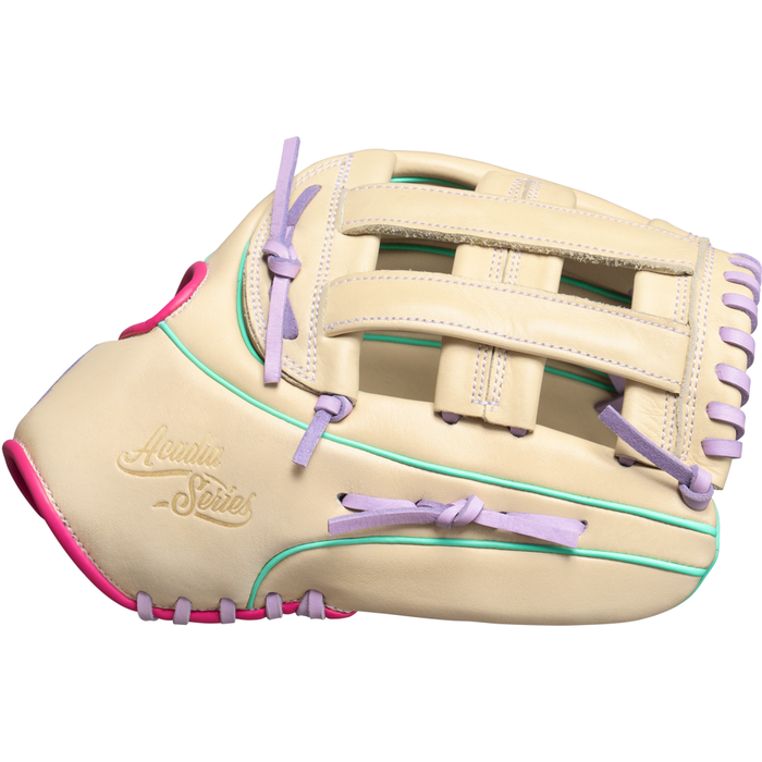 The Marucci Acadia 47A3 12.5″ Fastpitch Glove (MFG4ACFP47A3-CM/LP) showcases a beige design with pink, purple, and teal accents, and features the Acuña Series embossed on the side. Crafted by Marucci from premium full-grain cowhide leather, this glove delivers exceptional durability and standout style on the field.