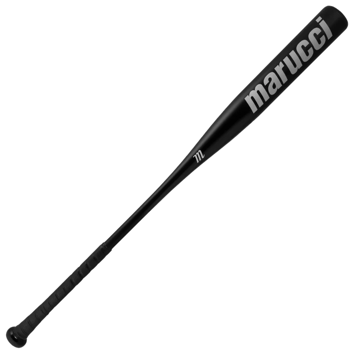 A black Marucci Aluminum Fungo 35″ Training Bat (MTRBFA) made from high-strength alloy, with a wrapped grip and the Marucci brand name displayed in large white letters near the barrel.