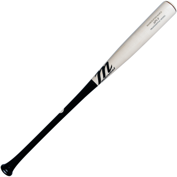 The Marucci AP5 Youth Pro Model Maple Wood Bat (MYVE4AP5) features a two-tone design with a light barrel and black handle, ideal for young power hitters seeking top performance. Marucci branding appears near the end of the barrel.