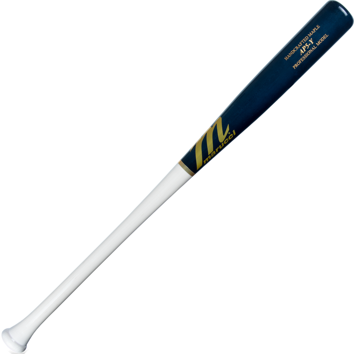 A Marucci AP5 Youth Pro Model Maple Wood Bat (MYVE4AP5) with a white handle, dark blue barrel, and gold accents—crafted for power hitters—displayed on a plain white background.