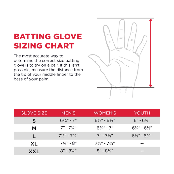 Hand measurement instructions and size chart for men, women, and youth (sizes S to XXL, with corresponding hand lengths in inches) help you find the perfect fit. Ideal for players seeking a durable training glove like the Marucci Blacksmith V2 Full Wrap Adult Batting Gloves (MBG2BKSM) by Marucci, which feature reinforced padding to ensure a comfortable and secure fit for every player.
