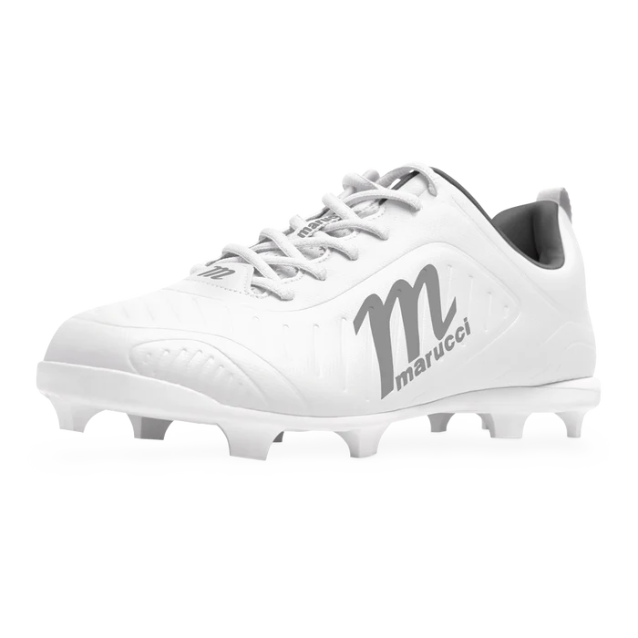 The Marucci FLT Youth Molded Cleats (MFWFLMY) are white baseball cleats with subtle gray accents and the signature Marucci logo, including a prominent gray “M” on the side. Designed for young players who value comfort and performance, these lightweight cleats are displayed against a plain white background.