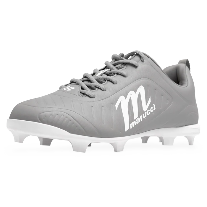 The Marucci FLT Youth Molded Cleats (MFWFLMY) in Gray-White feature white laces, a white Marucci logo on the side, and white molded soles, all displayed against a plain white background. These lightweight cleats by Marucci are crafted for young athletes who prioritize comfort and performance on the field.