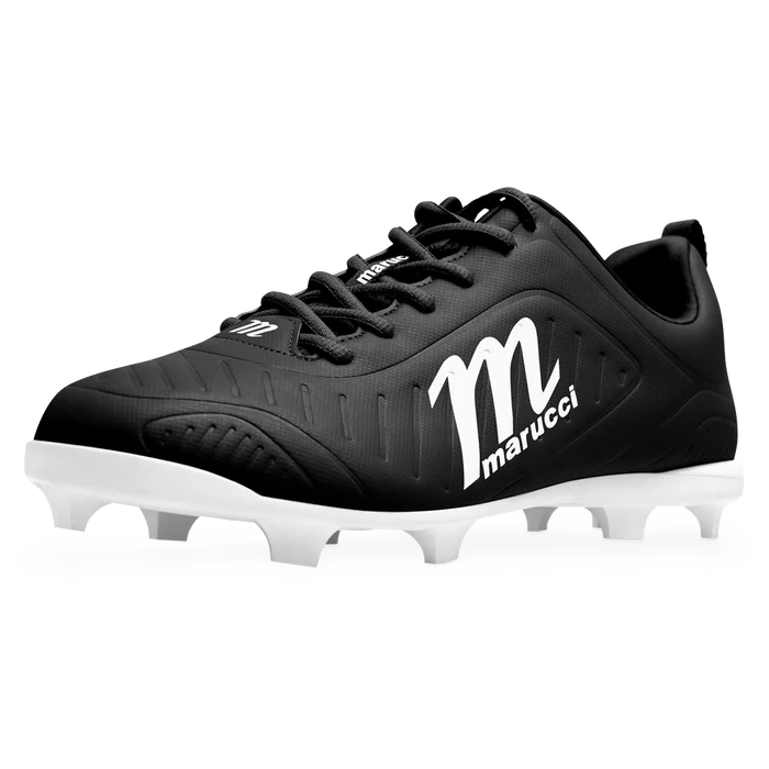 The Marucci FLT Youth Molded Cleats (MFWFLMY) are black and white baseball cleats featuring white laces, a prominent white M logo, and molded white studs. Displayed on a plain white background, these lightweight Marucci cleats are designed to provide comfort and optimal performance on the field.