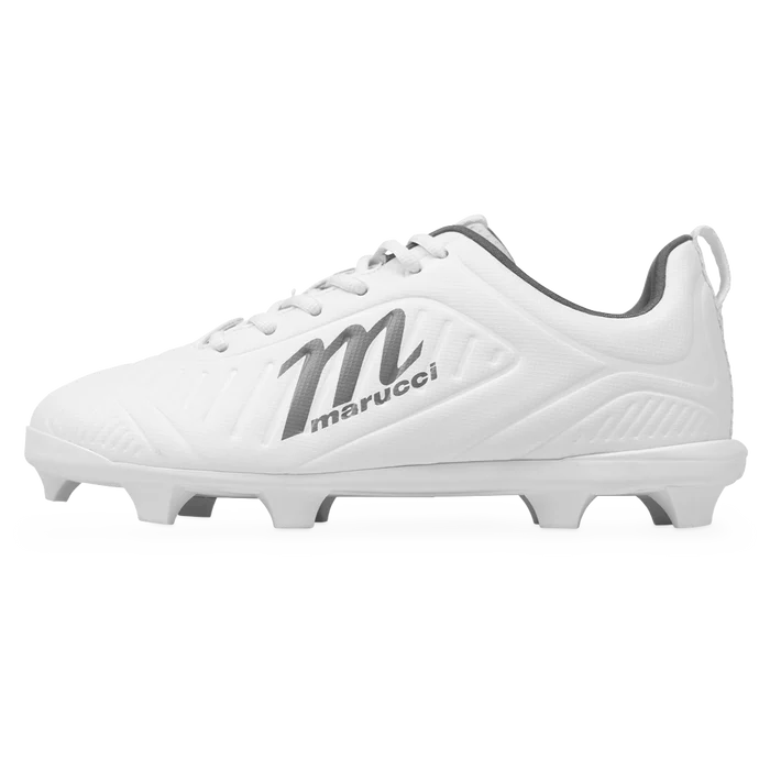 The Marucci FLT Youth Molded Cleats (MFWFLMY) feature a white design with gray accents, the Marucci logo and name on the side, and molded studs on the sole for traction. These lightweight cleats provide comfort and performance, making them ideal for young athletes.