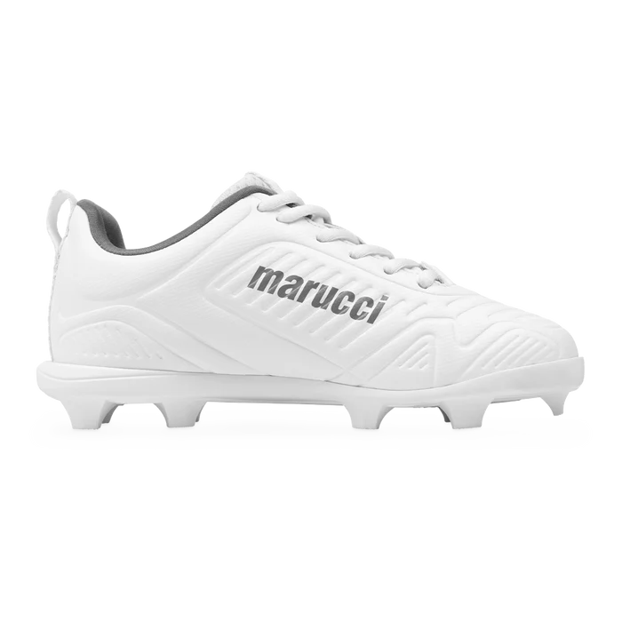Marucci FLT Youth Molded Cleats (MFWFLMY) in white, featuring molded studs, gray interior lining, and the Marucci logo on the side, displayed in profile against a plain white background.