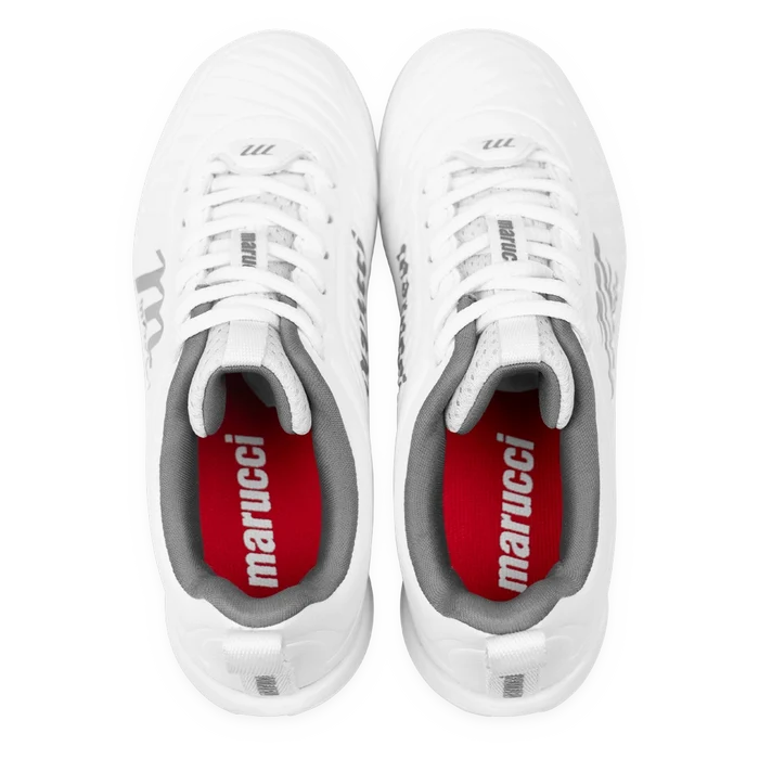 Pair of white Marucci FLT Youth Molded Cleats (MFWFLMY) with red insoles featuring the word “marucci” in white text, viewed from above on a white background. These lightweight baseball cleats offer comfort and style, making them an ideal choice for youth players.