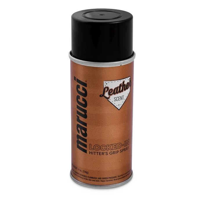 A brown can of Marucci Locked-In Hitter’s Grip Spray (MLKDINHITGRPSPRY) with black text and a black cap, featuring a leather scent, delivers premium grip to enhance batting performance for baseball or softball players.