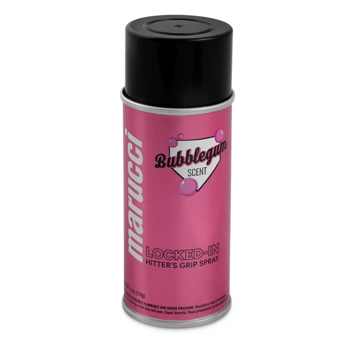 A can of Marucci Locked-In Hitter’s Grip Spray (MLKDINHITGRPSPRY) in pink, with a bubblegum scent, displays black text and a heart graphic with bubbles on the label, topped by a black cap—expertly crafted by Marucci to provide premium gripping power for the ultimate batting grip.