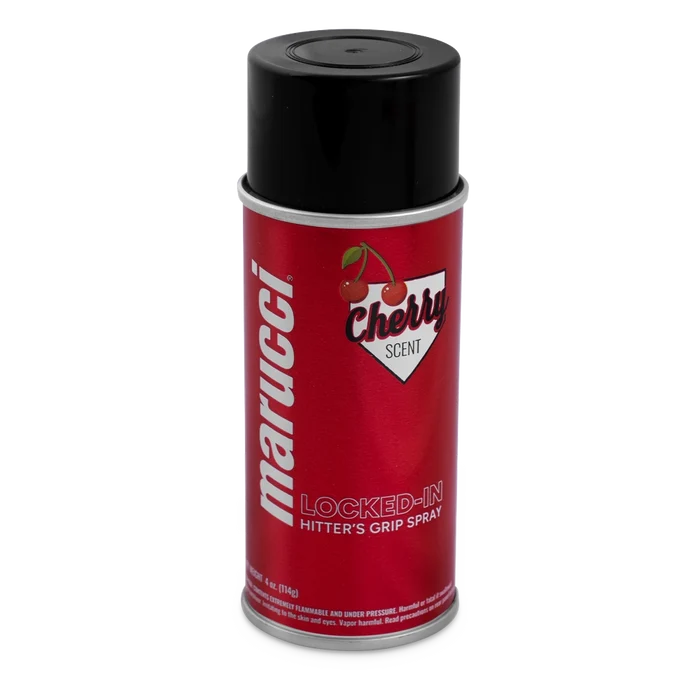 A can of Marucci Locked-In Hitter’s Grip Spray (MLKDINHITGRPSPRY) in red, featuring a black cap and a label with cherries, offers a cherry scent and is designed to provide premium gripping power for your batting grip.