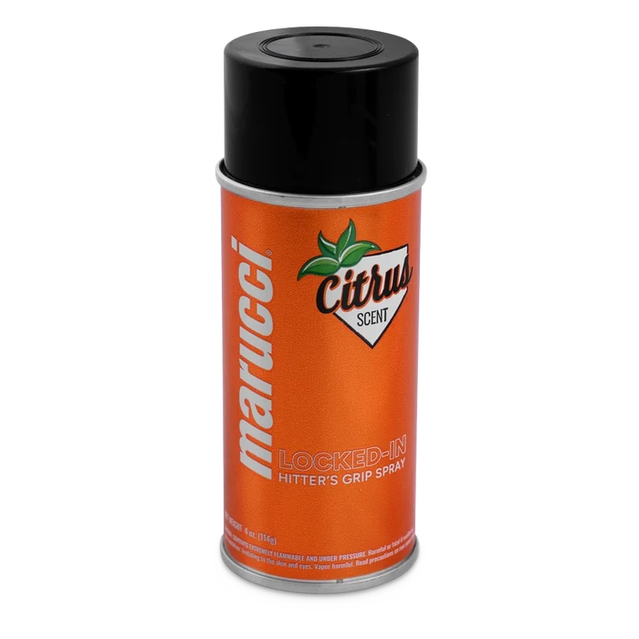 The Marucci Locked-In Hitter’s Grip Spray (MLKDINHITGRPSPRY) comes in an orange can with a black cap and bold white and silver text on the label, featuring a refreshing citrus scent and delivering premium gripping power for your batting grip.