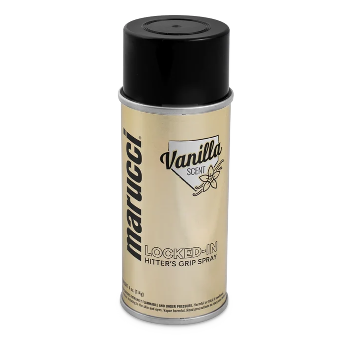 A can of Marucci Locked-In Hitter’s Grip Spray: MLKDINHITGRPSPRY, featuring a silver design with a black cap, vanilla scent label, and a vanilla flower illustration, crafted by Marucci to deliver premium gripping power for your batting grip.