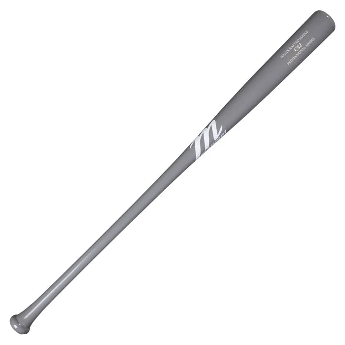 The Marucci Maple Fungo 35" Wood Training Bat (FUNGO-M-GG) is a gray wooden bat featuring a white stylized M logo and text near the barrel, part of the Marucci Coaches’ Series, shown isolated on a white background.